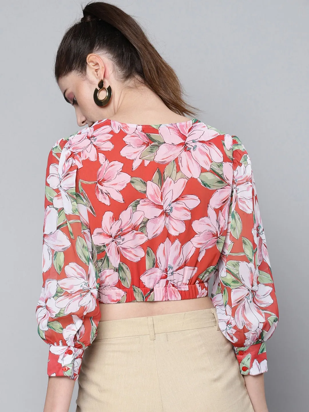 Women Red Floral Full Sleeve Crop Top
