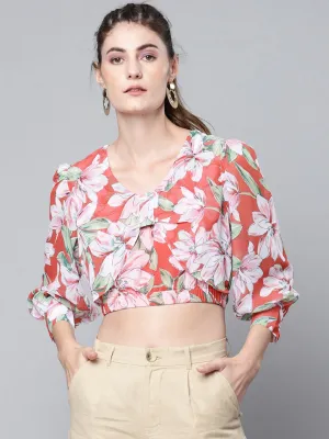 Women Red Floral Full Sleeve Crop Top