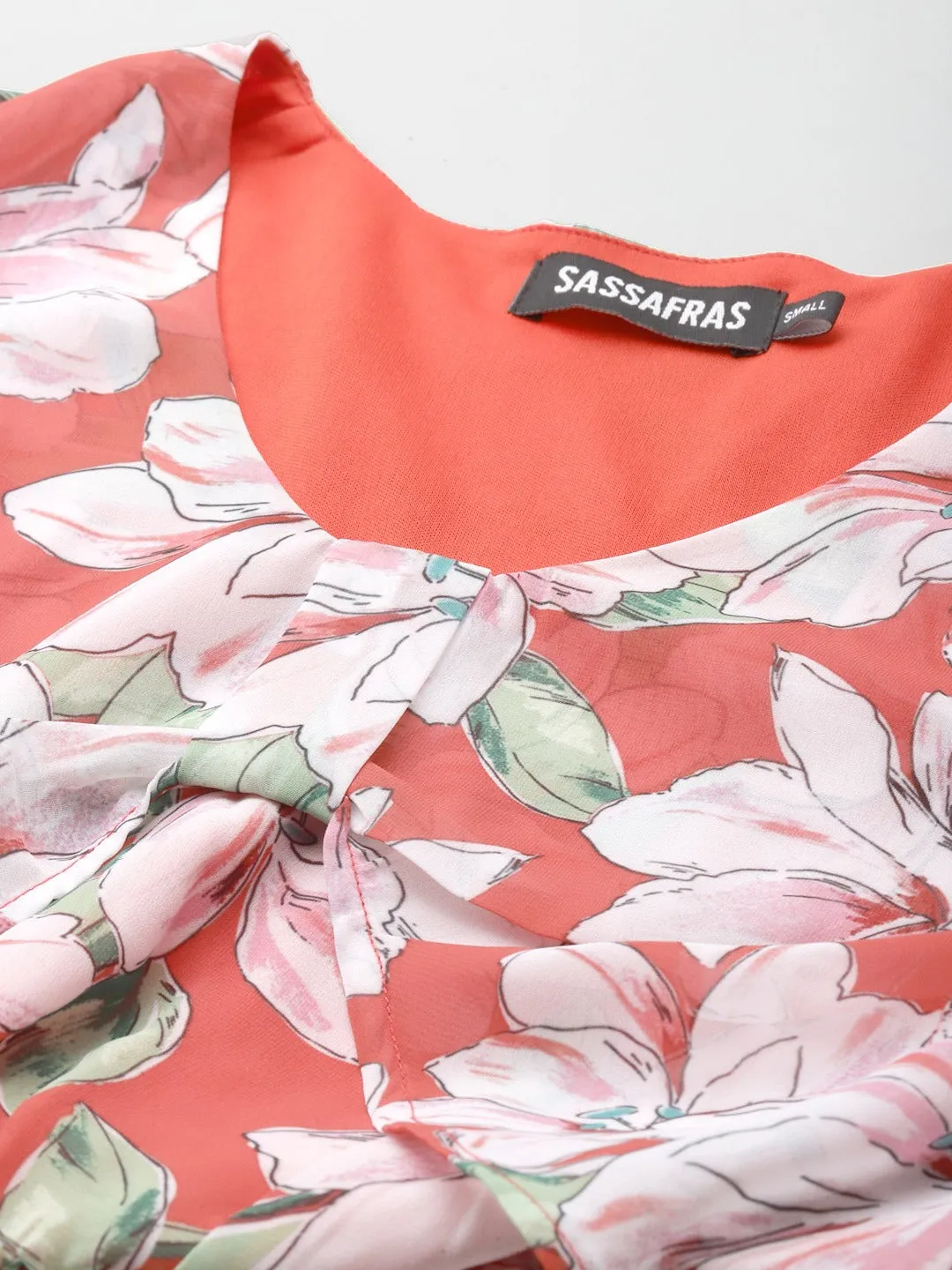 Women Red Floral Full Sleeve Crop Top