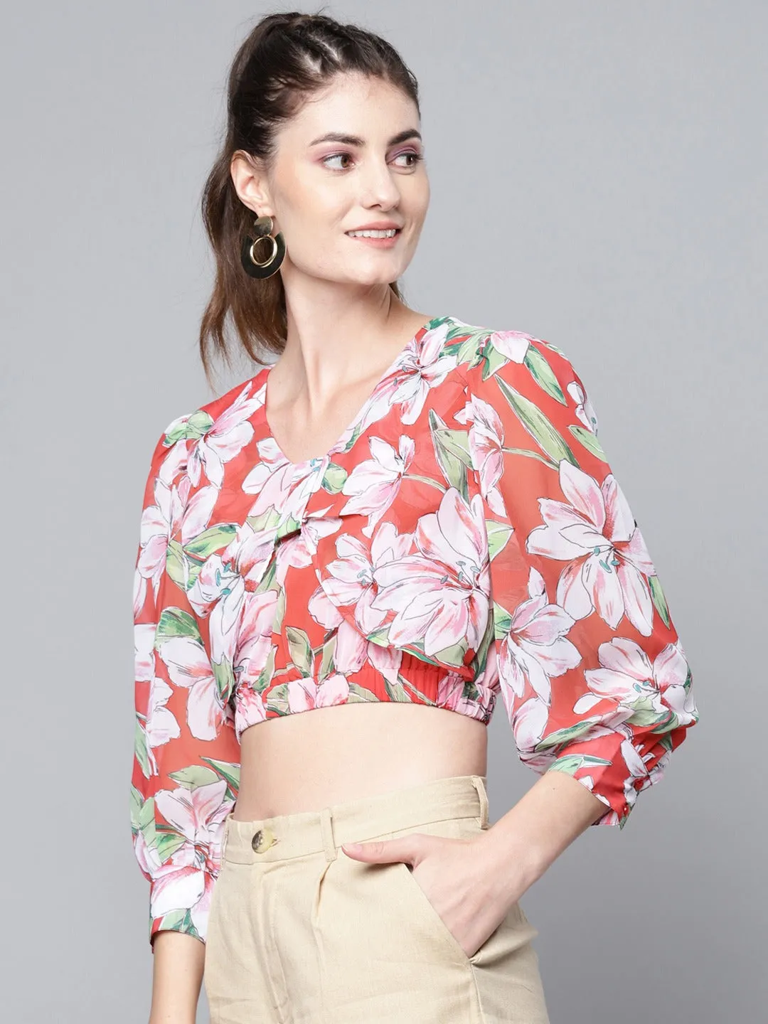 Women Red Floral Full Sleeve Crop Top