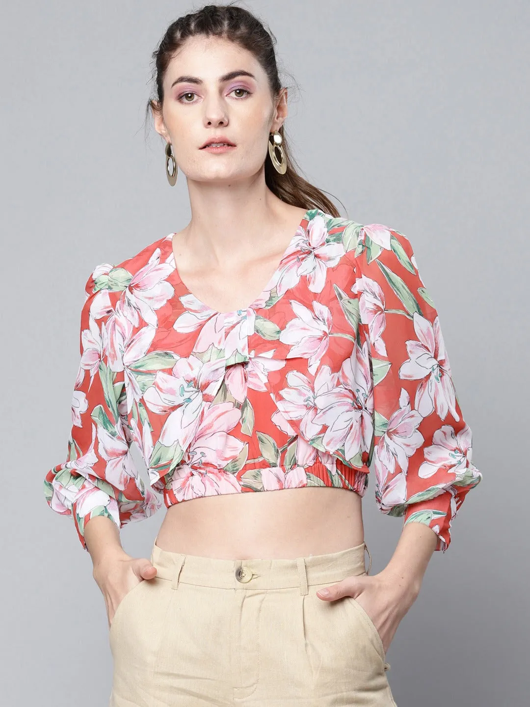 Women Red Floral Full Sleeve Crop Top