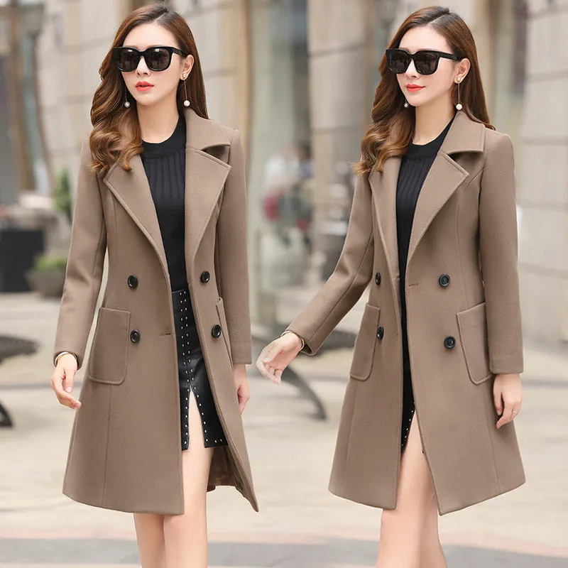 Women Winter Wool Coats Warm Slim Fit Fashion Casual Office Lady Blends Womans Coat Jacket Khaki Plus Size New