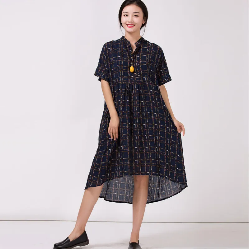 Women's Stand Collar Cotton Colored printed Dress