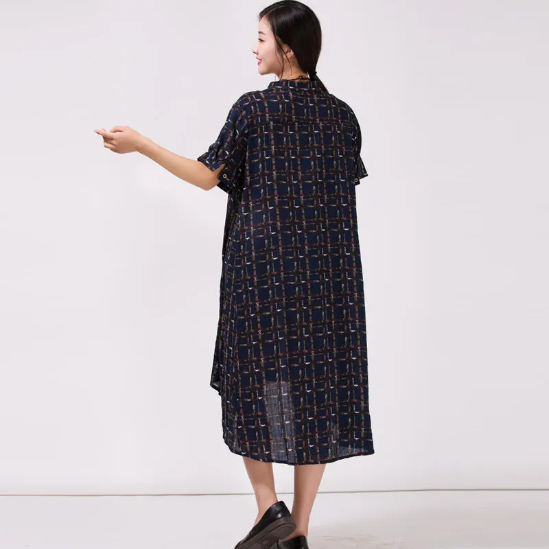 Women's Stand Collar Cotton Colored printed Dress