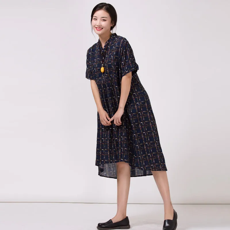 Women's Stand Collar Cotton Colored printed Dress