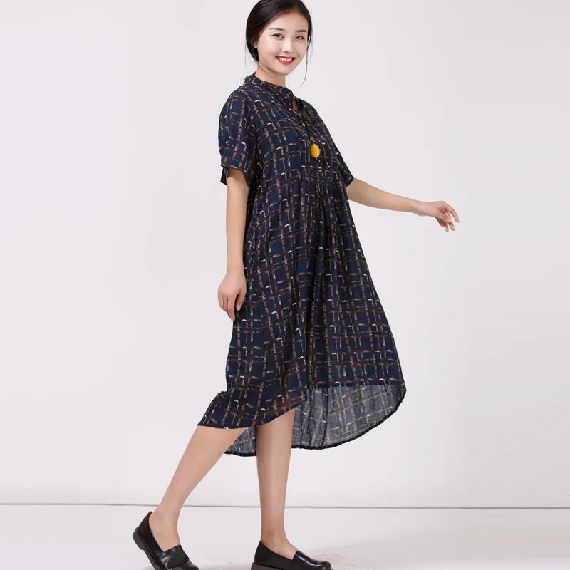 Women's Stand Collar Cotton Colored printed Dress