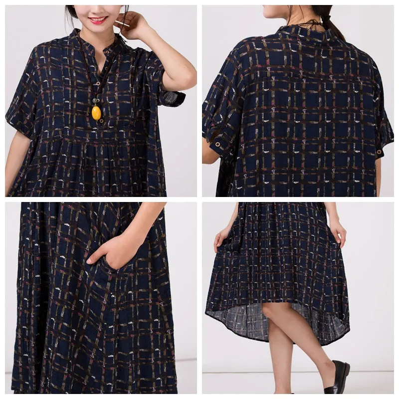 Women's Stand Collar Cotton Colored printed Dress